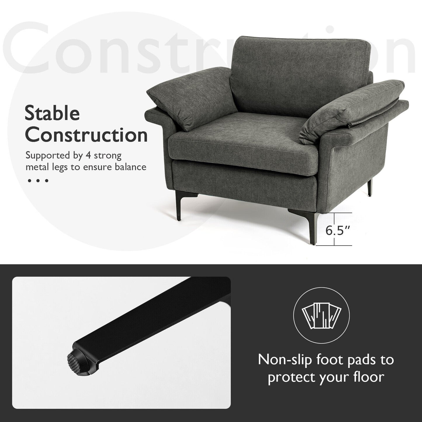 Modern Fabric Accent Armchair with Original Distributed Spring and Armrest Cushions, Gray Sofas & Loveseats at Gallery Canada