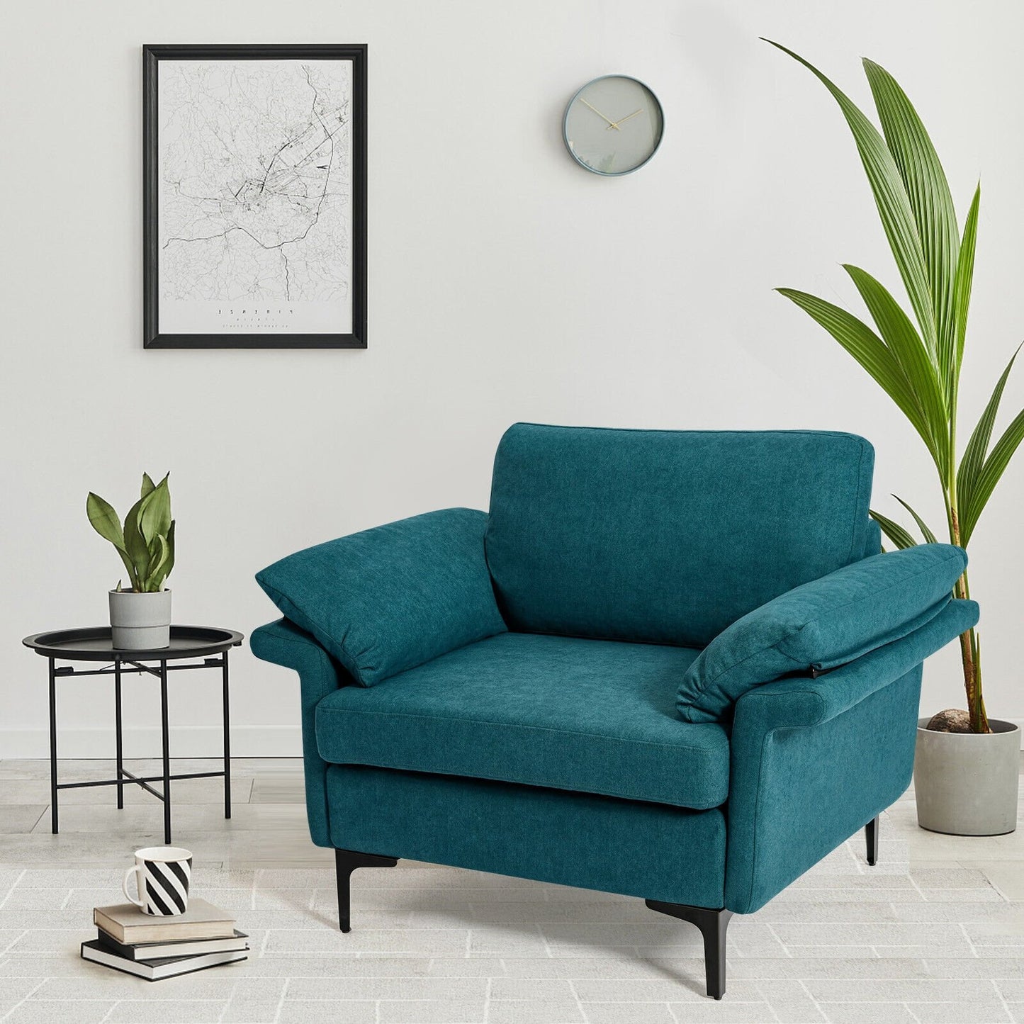 Modern Fabric Accent Armchair with Original Distributed Spring and Armrest Cushions, Peacock Blue