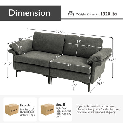 Modern Fabric Loveseat Sofa for with Metal Legs and Armrest Pillows, Gray