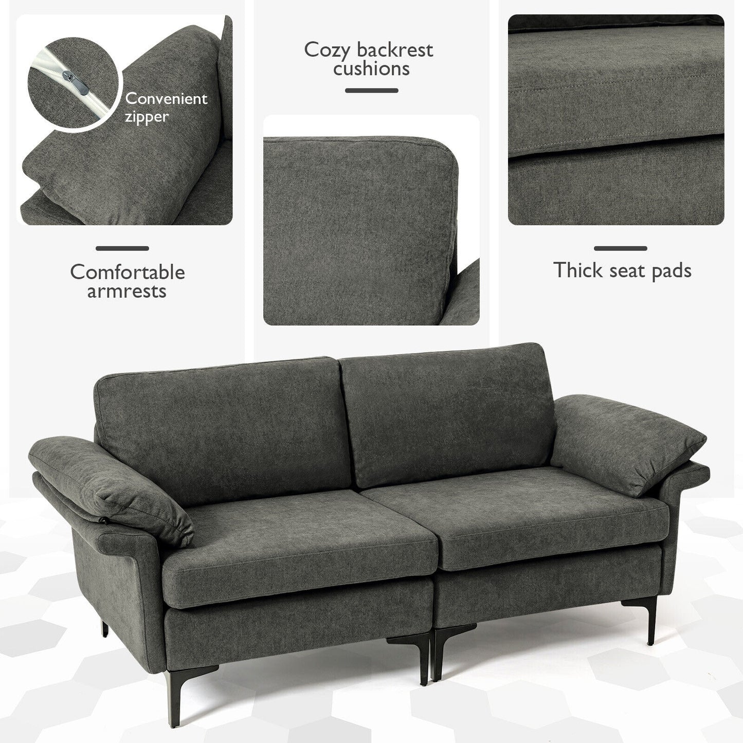 Modern Fabric Loveseat Sofa, With Metal Legs And Armrest Pillows, Gray