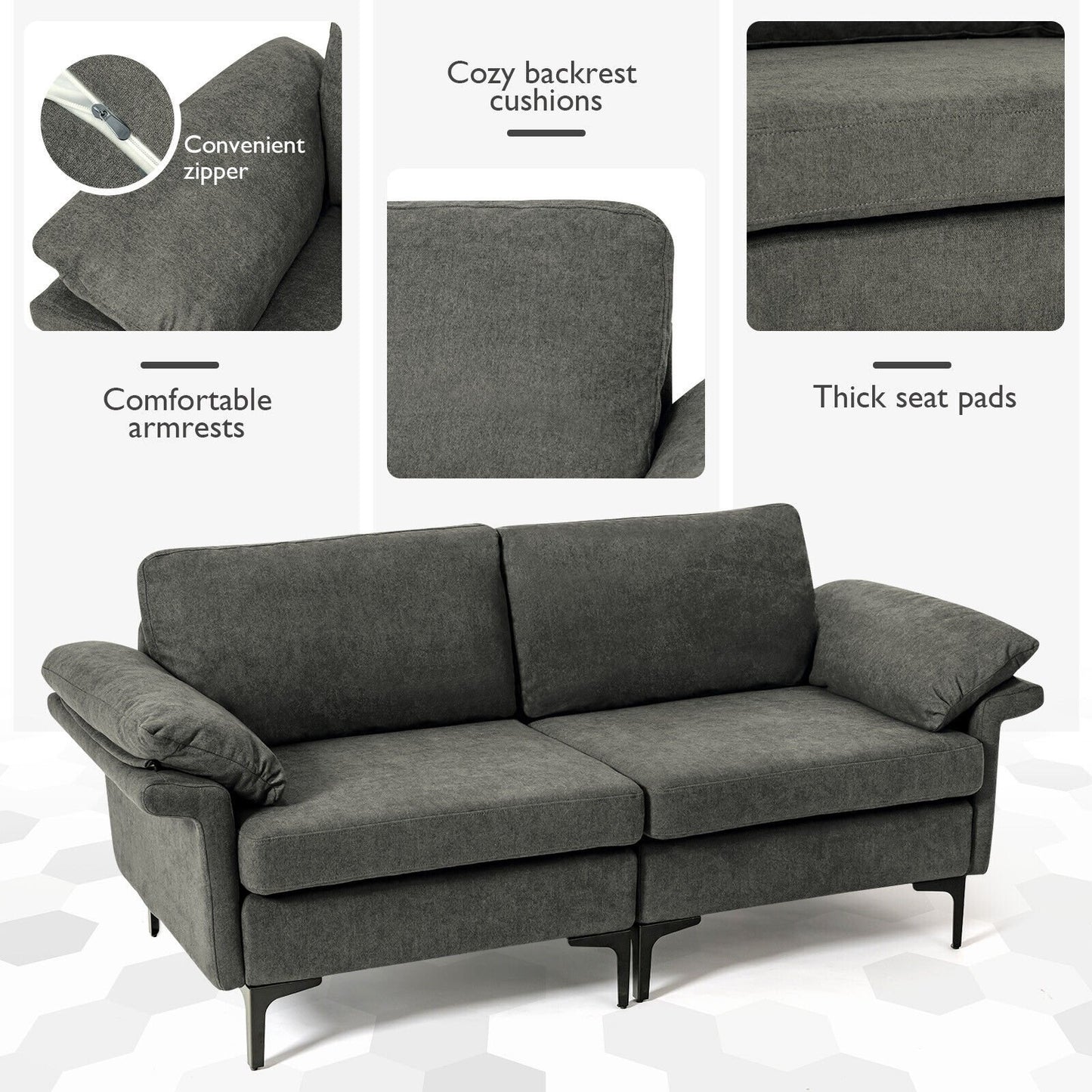 Modern Fabric Loveseat Sofa for with Metal Legs and Armrest Pillows, Gray