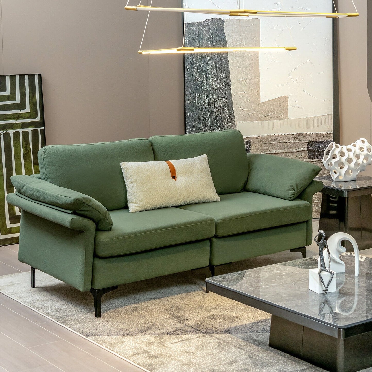 Modern Fabric Loveseat Sofa for with Metal Legs and Armrest Pillows, Army Green
