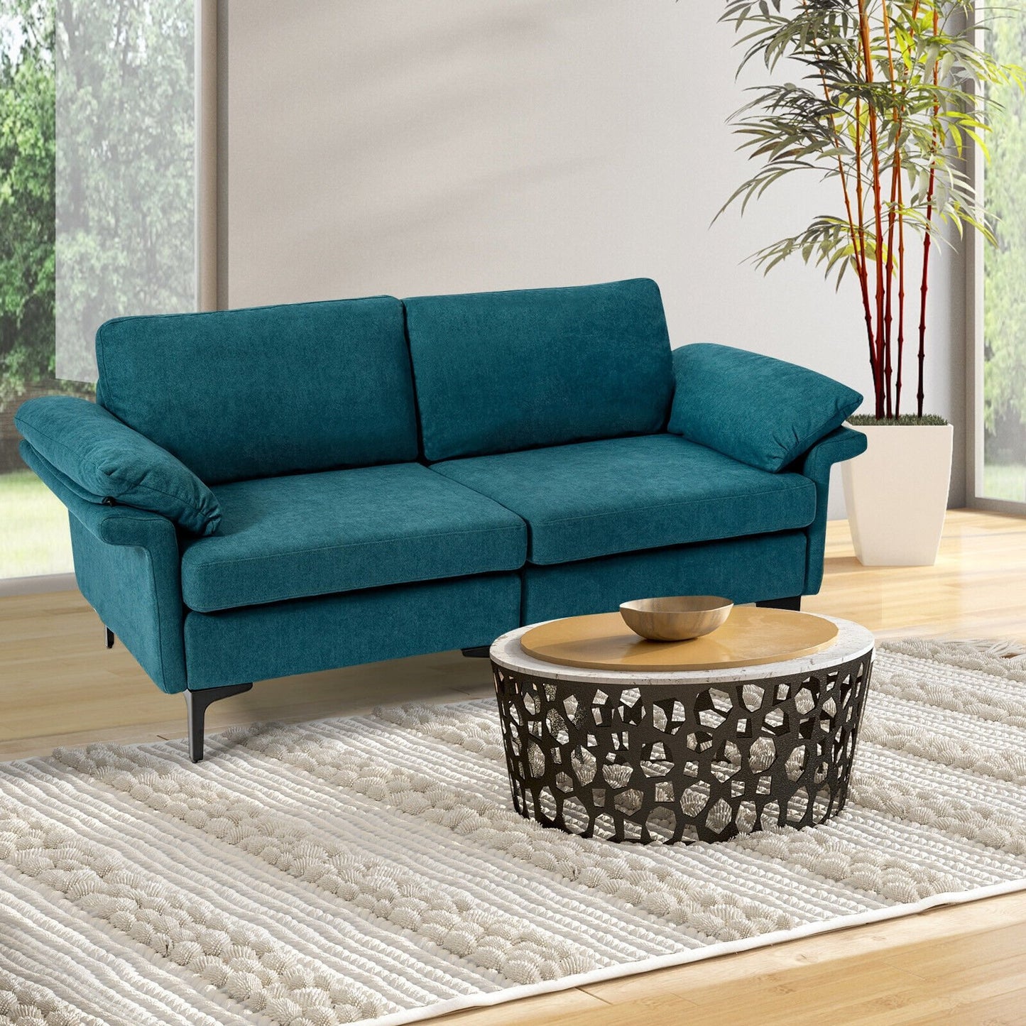 Modern Fabric Loveseat Sofa for with Metal Legs and Armrest Pillows, Peacock Blue