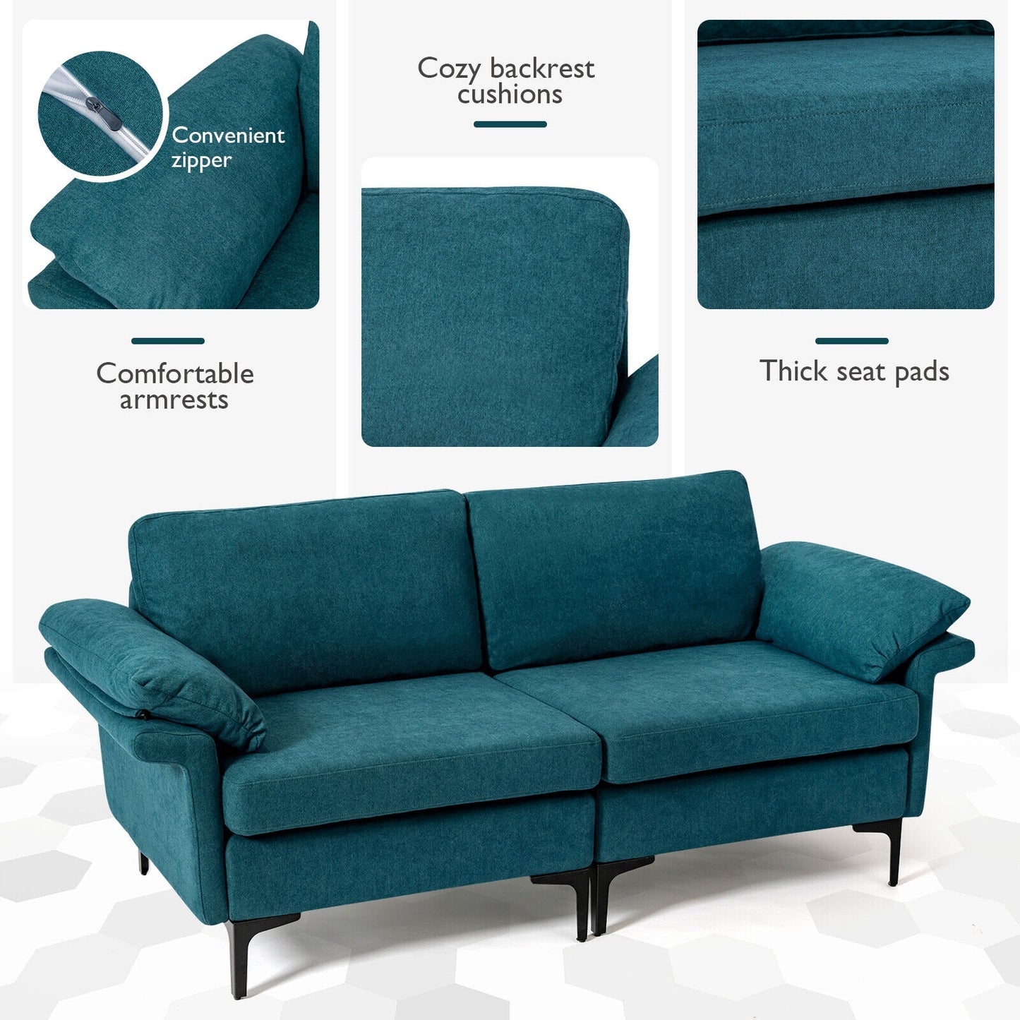 Modern Fabric Loveseat Sofa, Metal Legs, Armrest Pillows, Peacock Blue