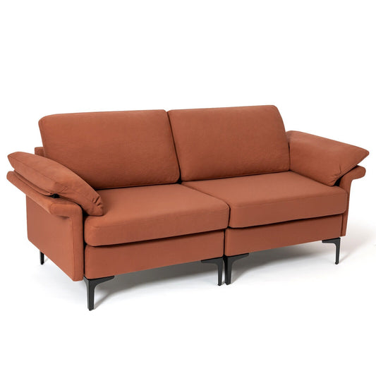 Modern Fabric Loveseat Sofa for with Metal Legs and Armrest Pillows-Rust Red, Rust