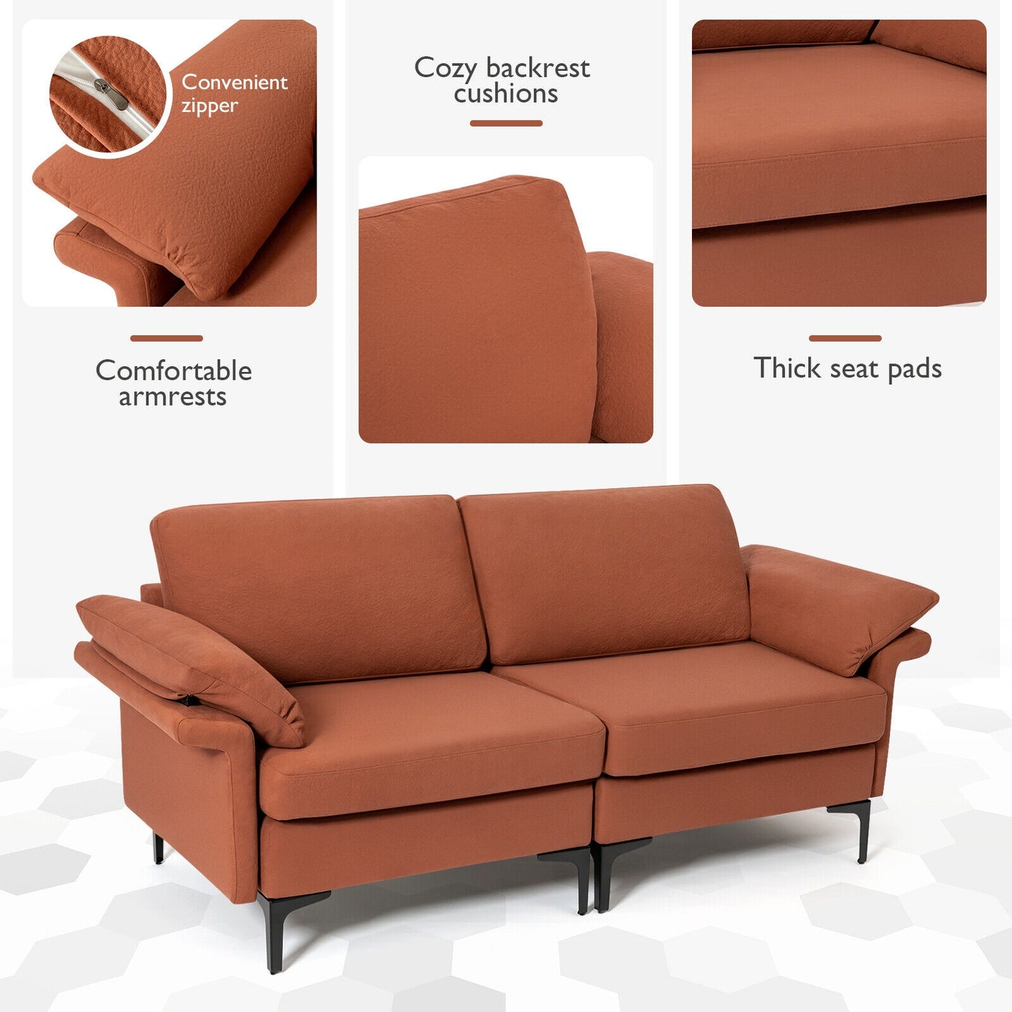 Modern Fabric Loveseat Sofa for with Metal Legs and Armrest Pillows, Rust Sofas & Loveseats at Gallery Canada