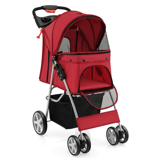 Folding Pet Stroller with Storage Basket and Adjustable Canopy, Red