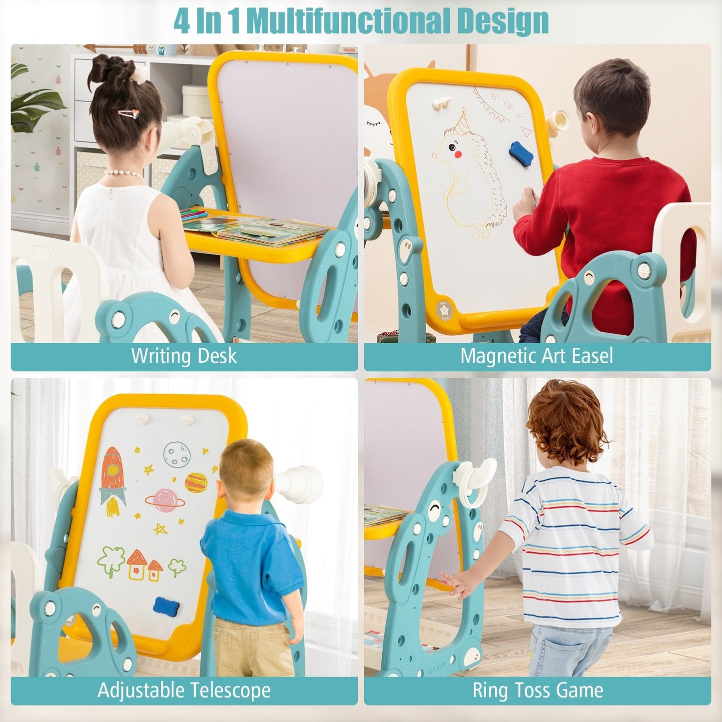 Kids Art Easel with Chair and 3-Level Adjustable Whiteboard, Multicolor