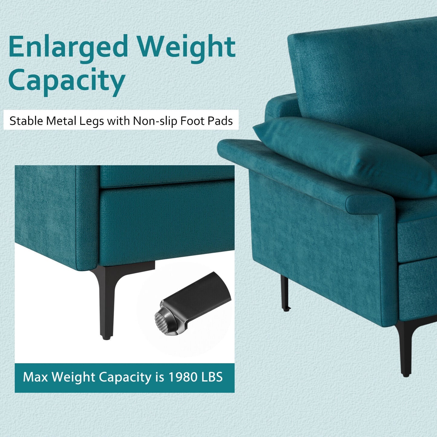 Large 3-Seat Sofa Sectional with Metal Legs for 3-4 people, Turquoise Sofas & Loveseats at Gallery Canada