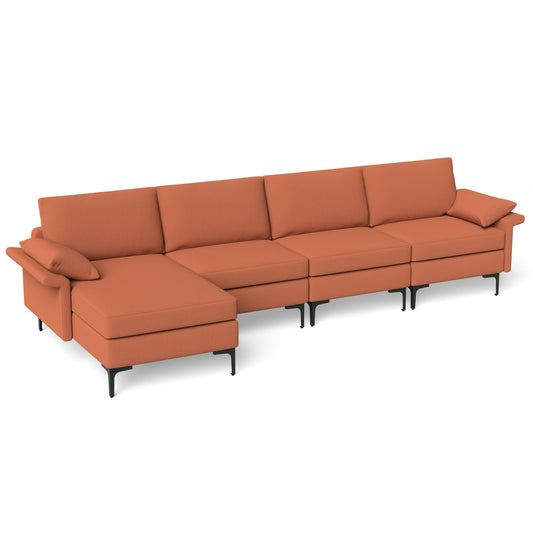 Extra Large L-shaped Sectional Sofa with Reversible Chaise and 2 USB Ports for 4-5 People-Rust Red, Red