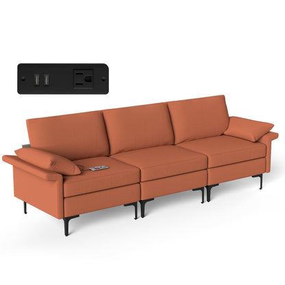 Large 3-Seat Sofa Sectional with Metal Legs and 2 USB Ports for 3-4 people, Red