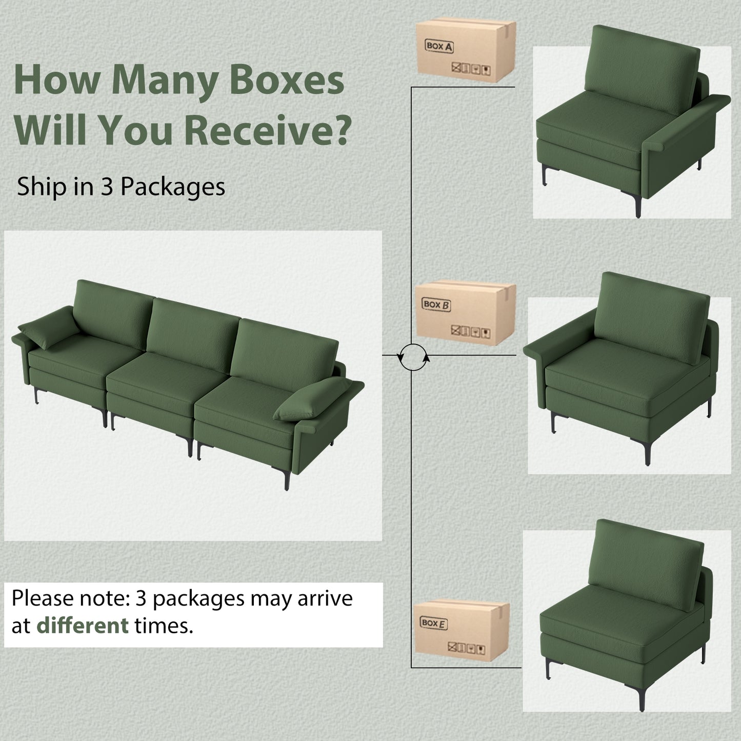 Large 3-Seat Sofa Sectional with Metal Legs and 2 USB Ports for 3-4 people, Army Green Sofas & Loveseats at Gallery Canada