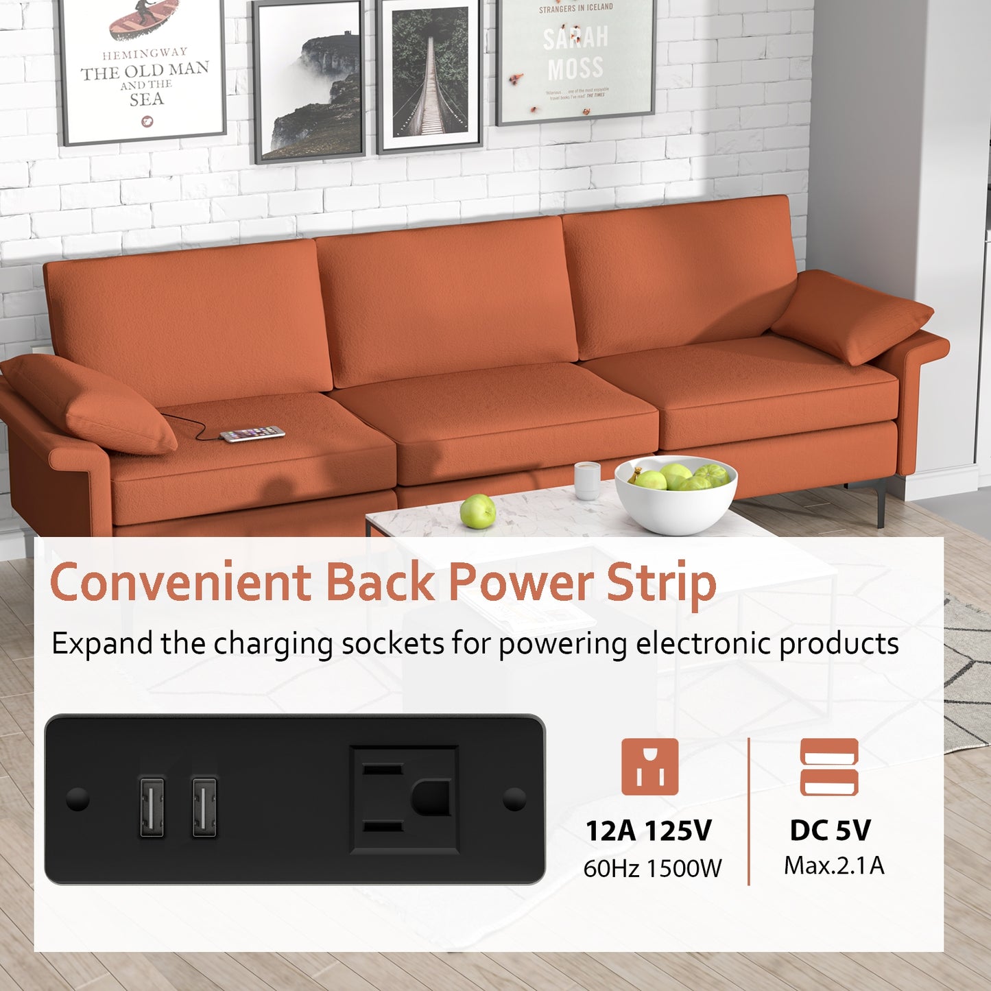 Large 3-Seat Sofa Sectional with Metal Legs and 2 USB Ports for 3-4 people, Red Sofas & Loveseats at Gallery Canada