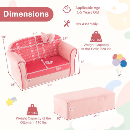 Ultra Soft Velvet Kids Sofa Chair Toddler Couch with Ottoman, Pink at Gallery Canada