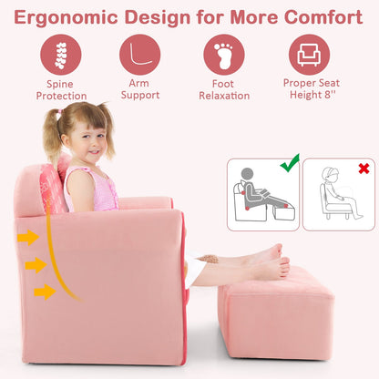 Ultra Soft Velvet Kids Sofa Chair Toddler Couch with Ottoman, Pink