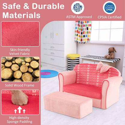 Ultra Soft Velvet Kids Sofa Chair Toddler Couch with Ottoman, Pink