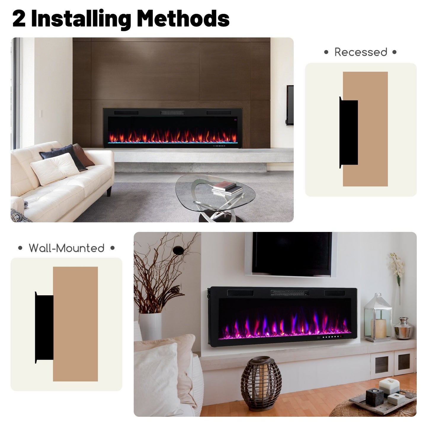 Electric Fireplace 40/50/60 Inches Recessed and Wall Mounted for 2' x 6' Stud-60 inches, Black