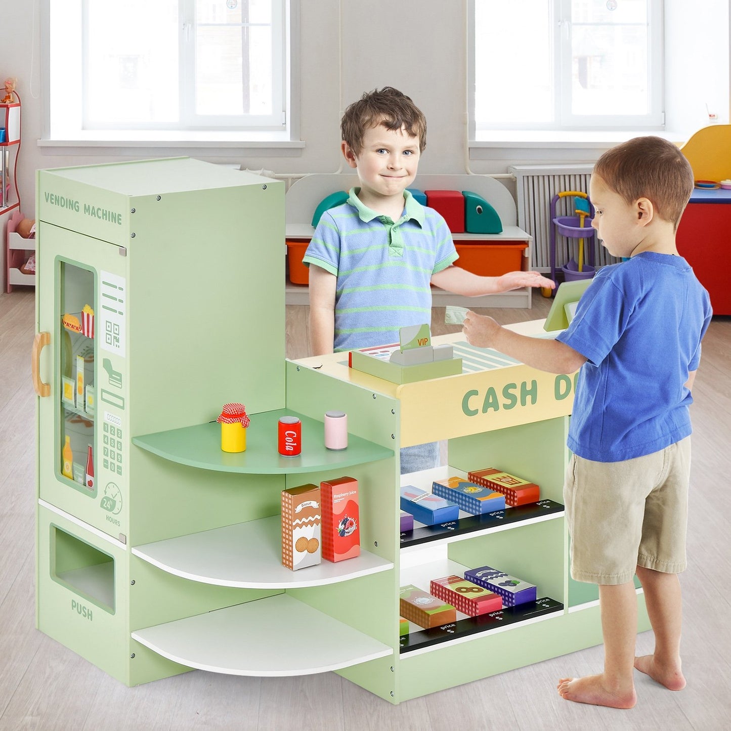 Kids Wooden Supermarket Play Toy Set with Checkout Counter, Green
