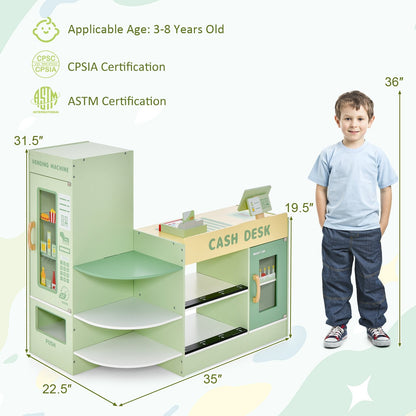 Kids Wooden Supermarket Play Toy Set with Checkout Counter, Green