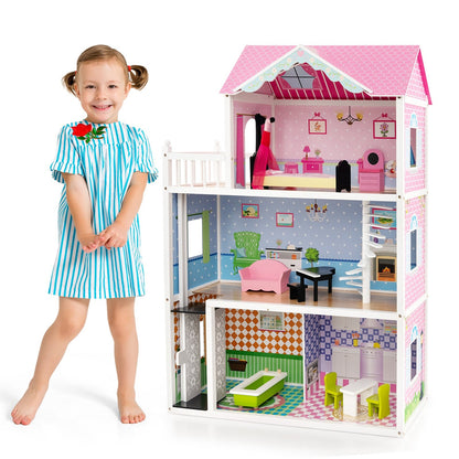 Wooden Dollhouse with Working Elevator and Rotatable Staircase, Pink