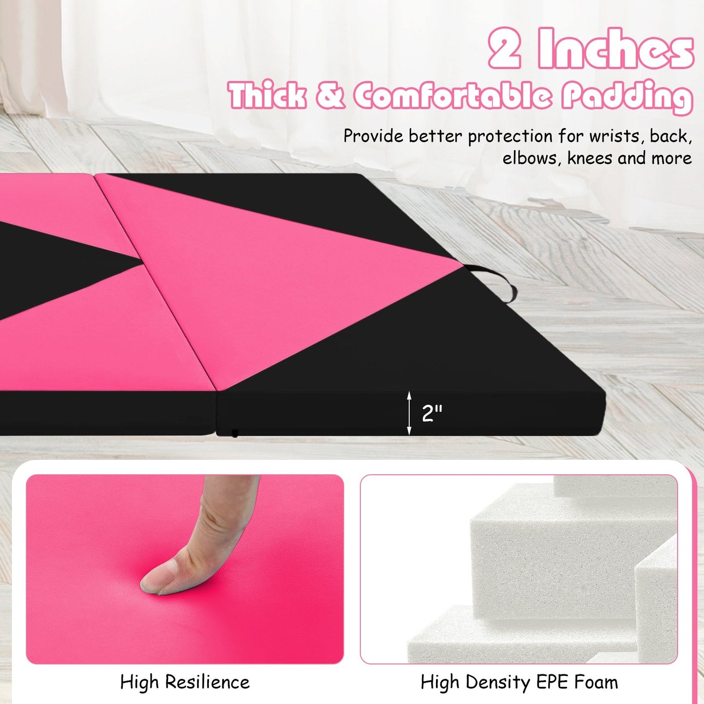 8 Feet PU Leather Folding Gymnastics Mat with Hook and Loop Fasteners-Heart Pink, Black & Red