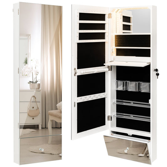 Wall Mounted Jewelry Armoire Organizer with Full-Length Frameless Mirror, White