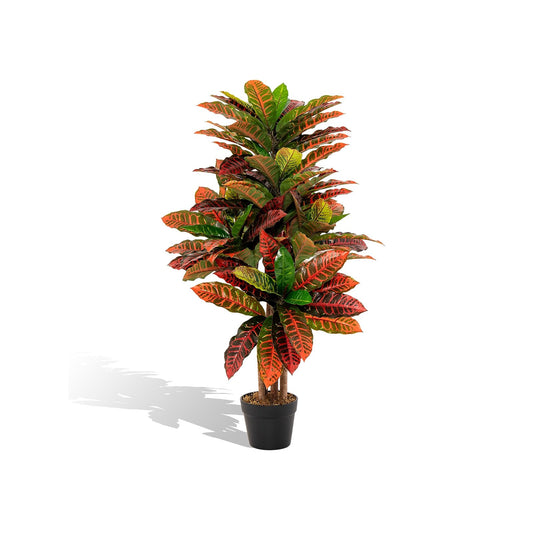Artificial Croton Plant 40" Tall Fake Croton Palm Tree with Colorful Variegated Leaves and Pot, Red
