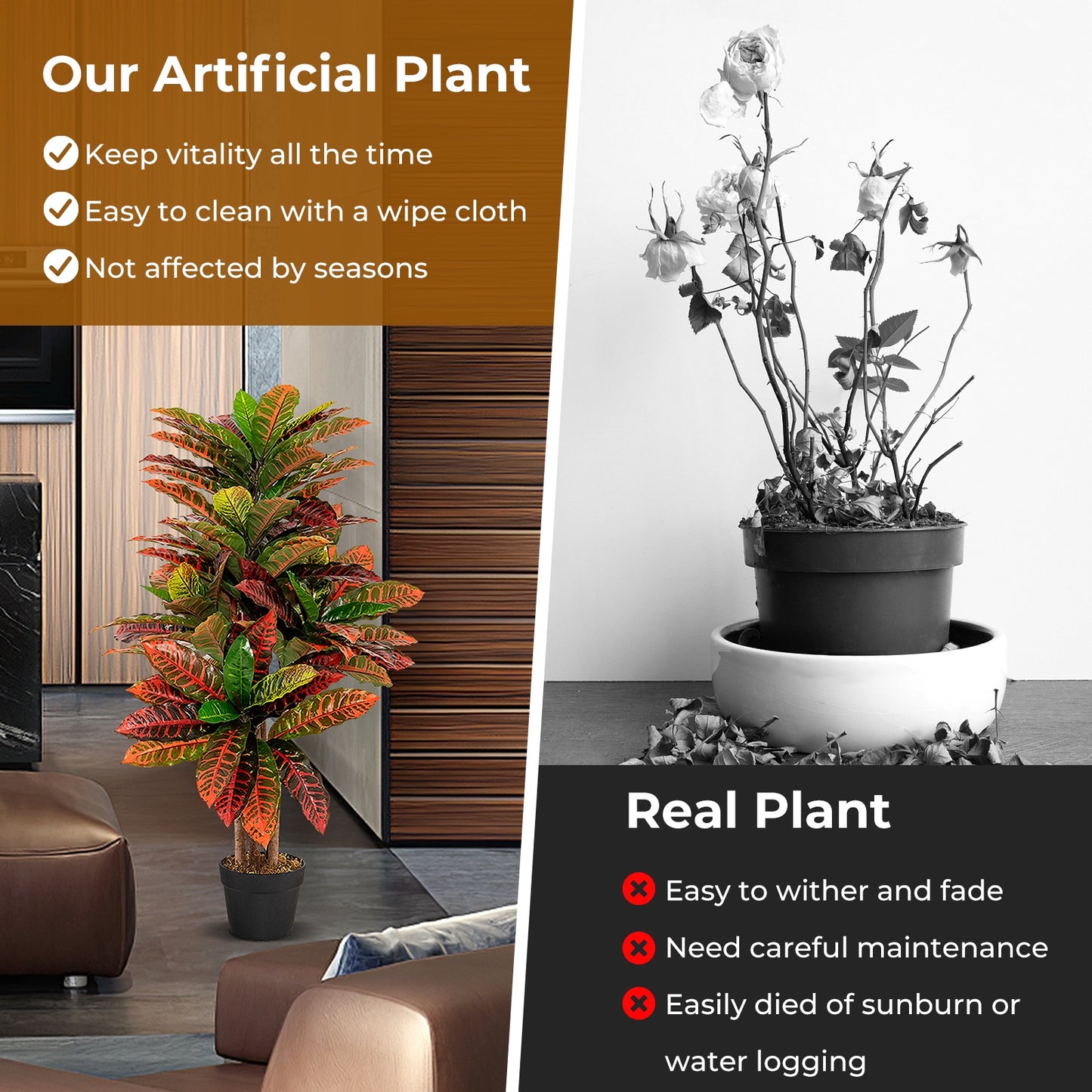 Artificial Croton Plant, 40 Inch, Fake Palm Tree With Variegated Leaves, Red Faux Plants at Gallery Canada