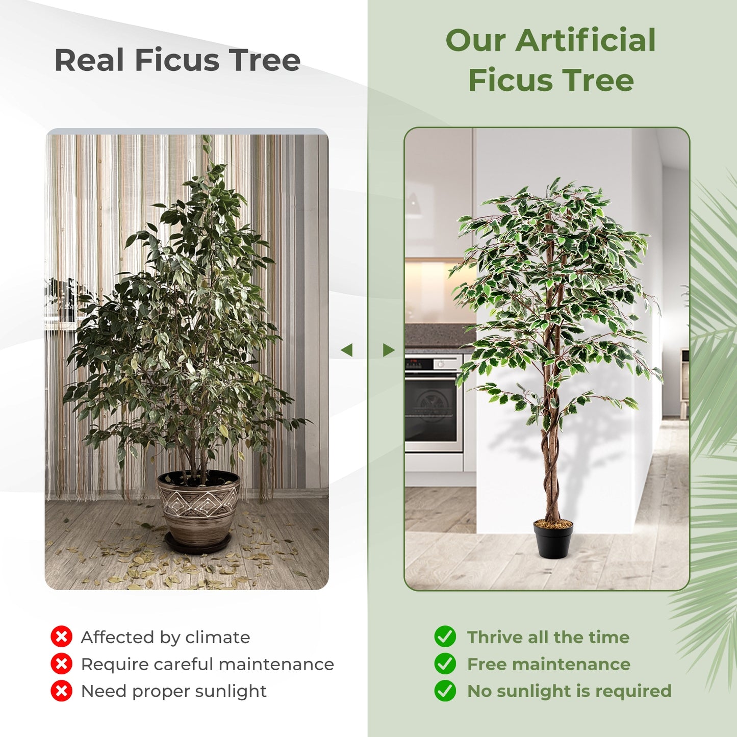 Artificial Ficus Tree, Tall Indoor Plant, 1008 Leaves, Green Faux Plants at Gallery Canada