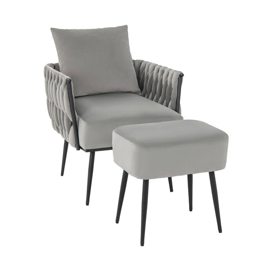 Modern Dutch Velvet Accent Chair and Ottoman Set with Weaved Back and Arms, Gray