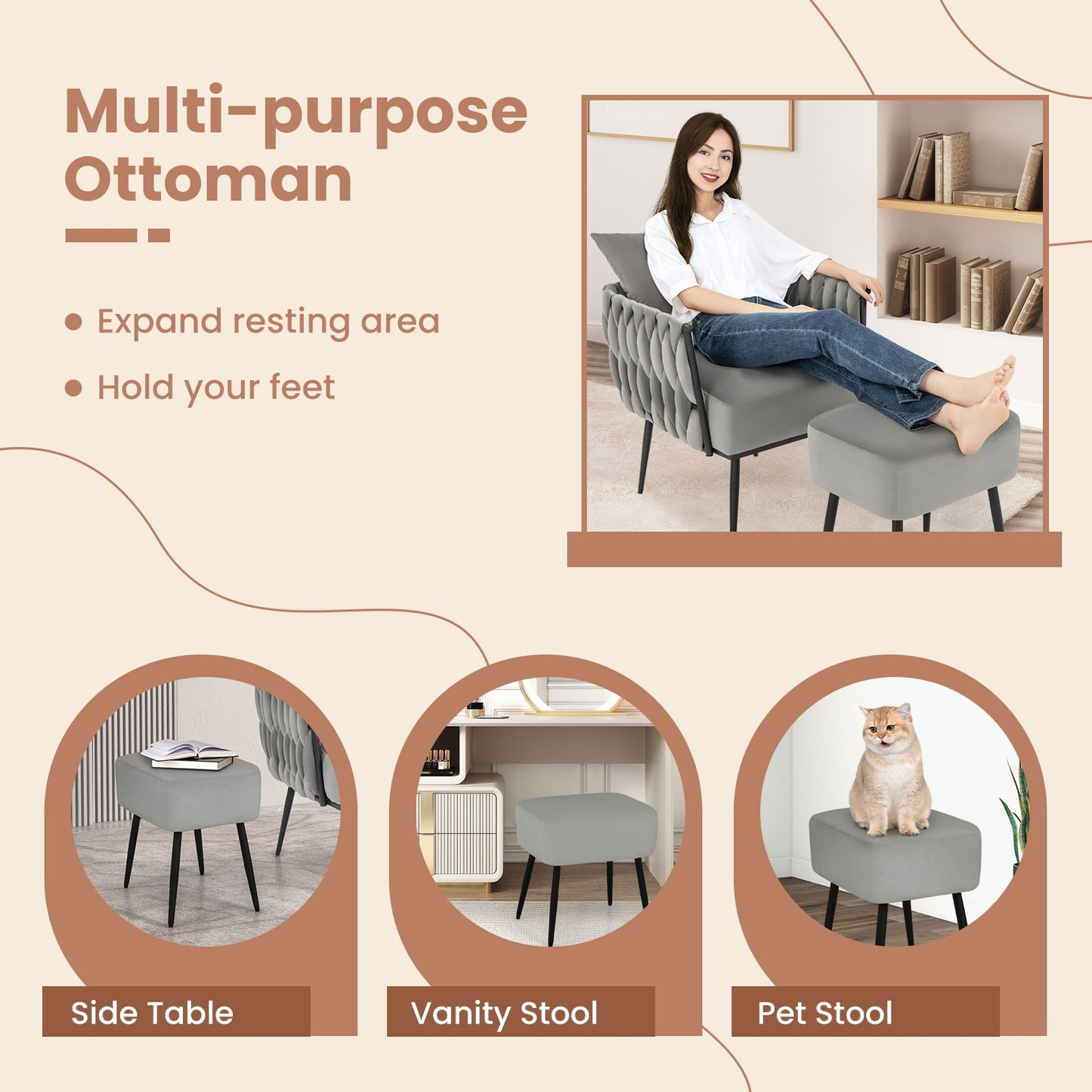 Modern Dutch Velvet Accent Chair, Ottoman Set, Gray Accent Chairs at Gallery Canada