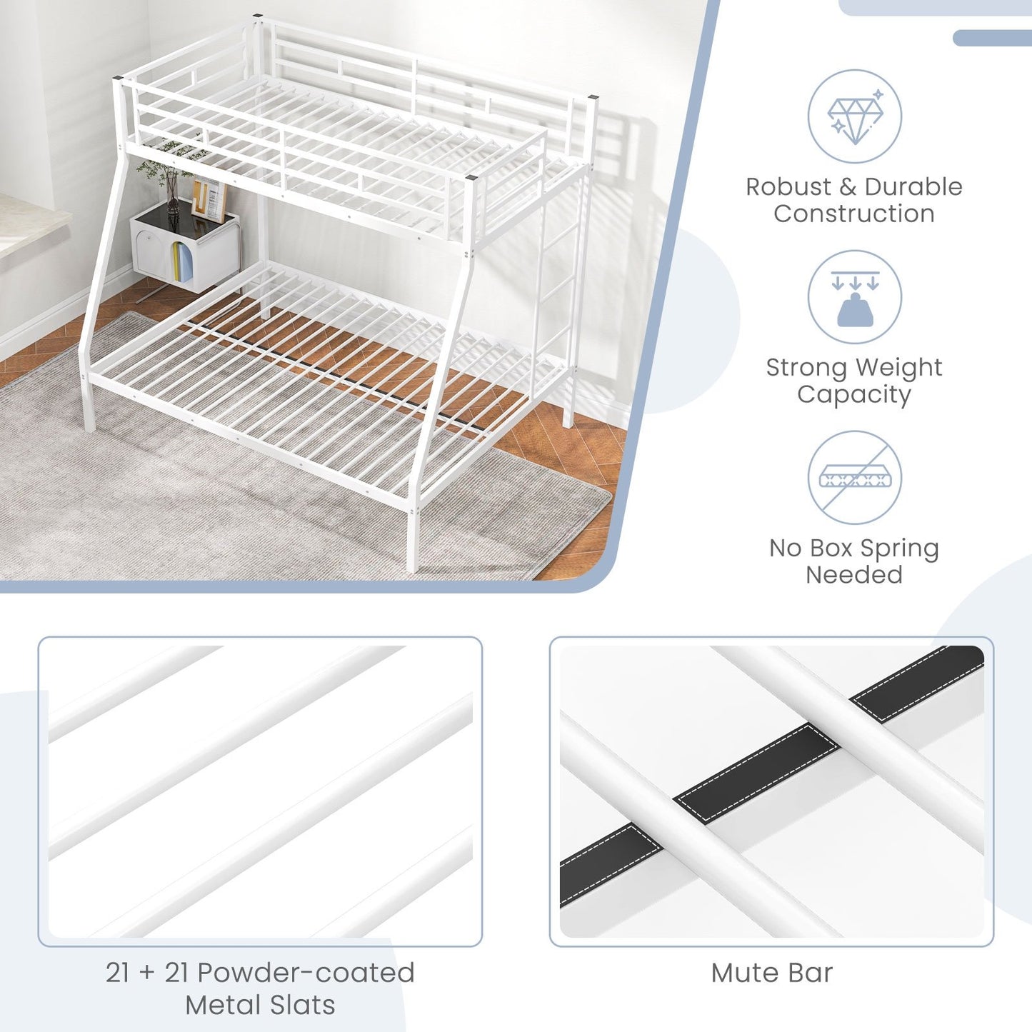 Space-saving Metal Slatted Bed Frame for Teens and Adults Noise-free No Box Spring Needed, White