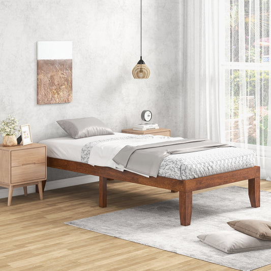 14 Inch Twin Size Platform Bed Frame, Wood Slat Support, Walnut Simple Bed Frame Walnut at Gallery Canada