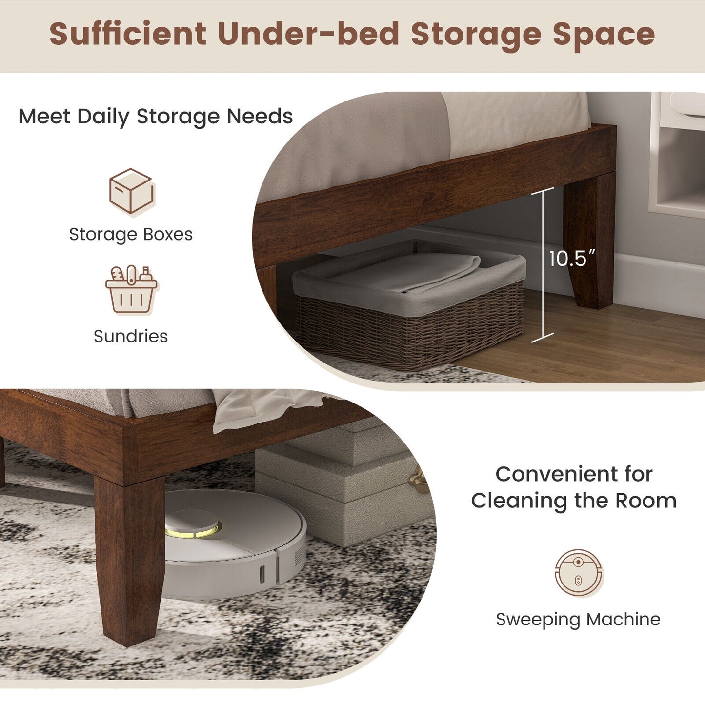 14 Inch Queen Size Rubber Wood Platform Bed Frame with Wood Slat Support, Walnut Simple Bed Frame at Gallery Canada