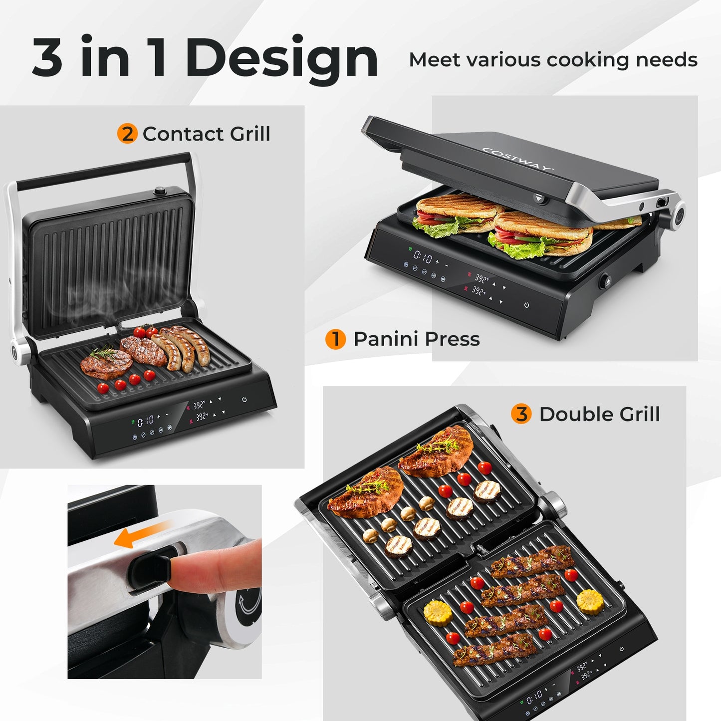 3 in 1 Indoor Electric Panini Press Grill with LED Display, Black Kitchen Appliances at Gallery Canada