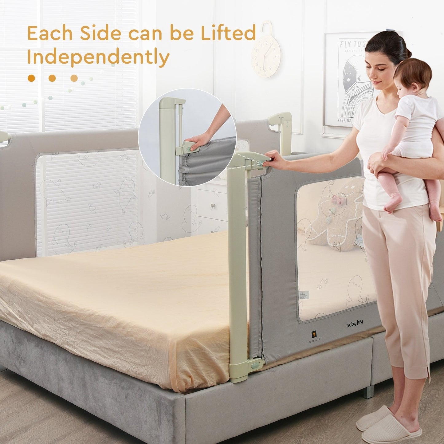 Bed Rail Guard for Toddlers Kid with Adjustable Height and Safety Lock-59 inch, Gray