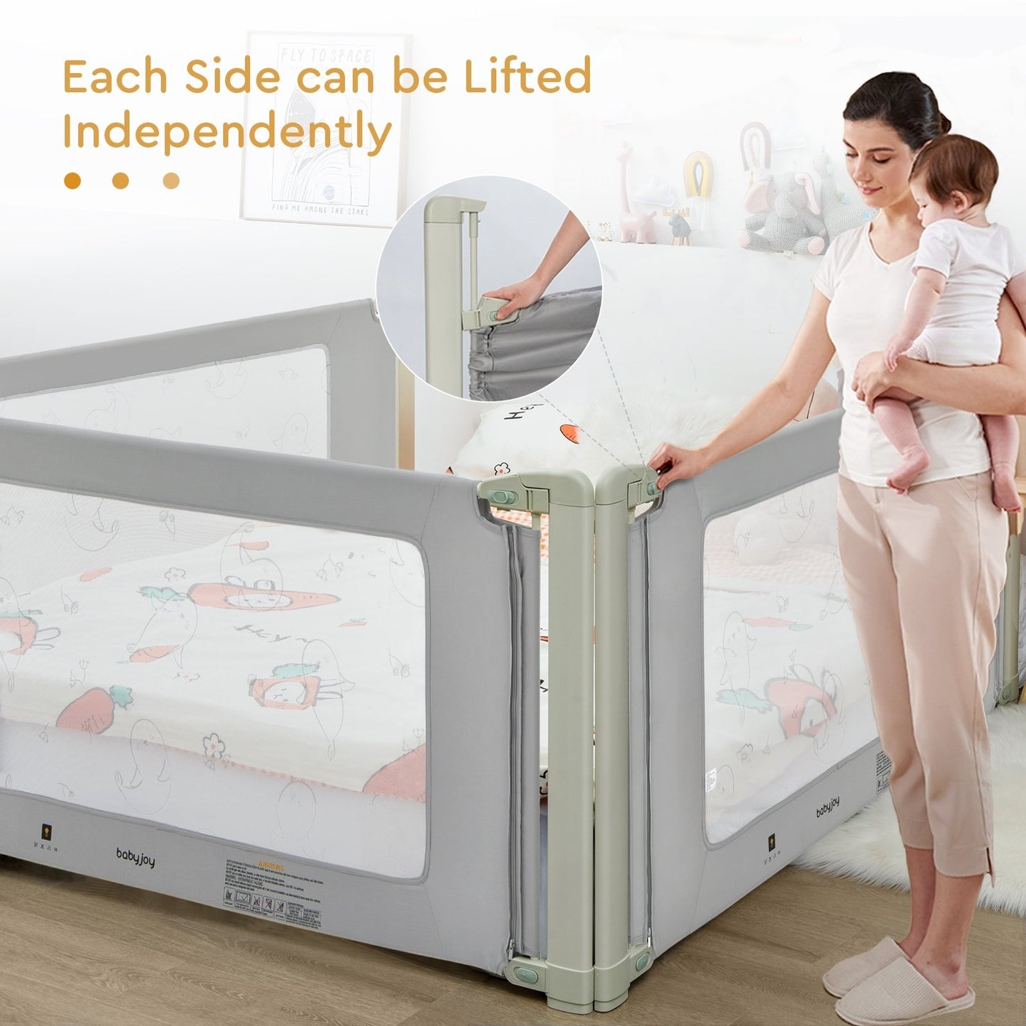 Bed Rail Guard for Toddlers Kid with Adjustable Height and Safety Lock-70 inch, Gray