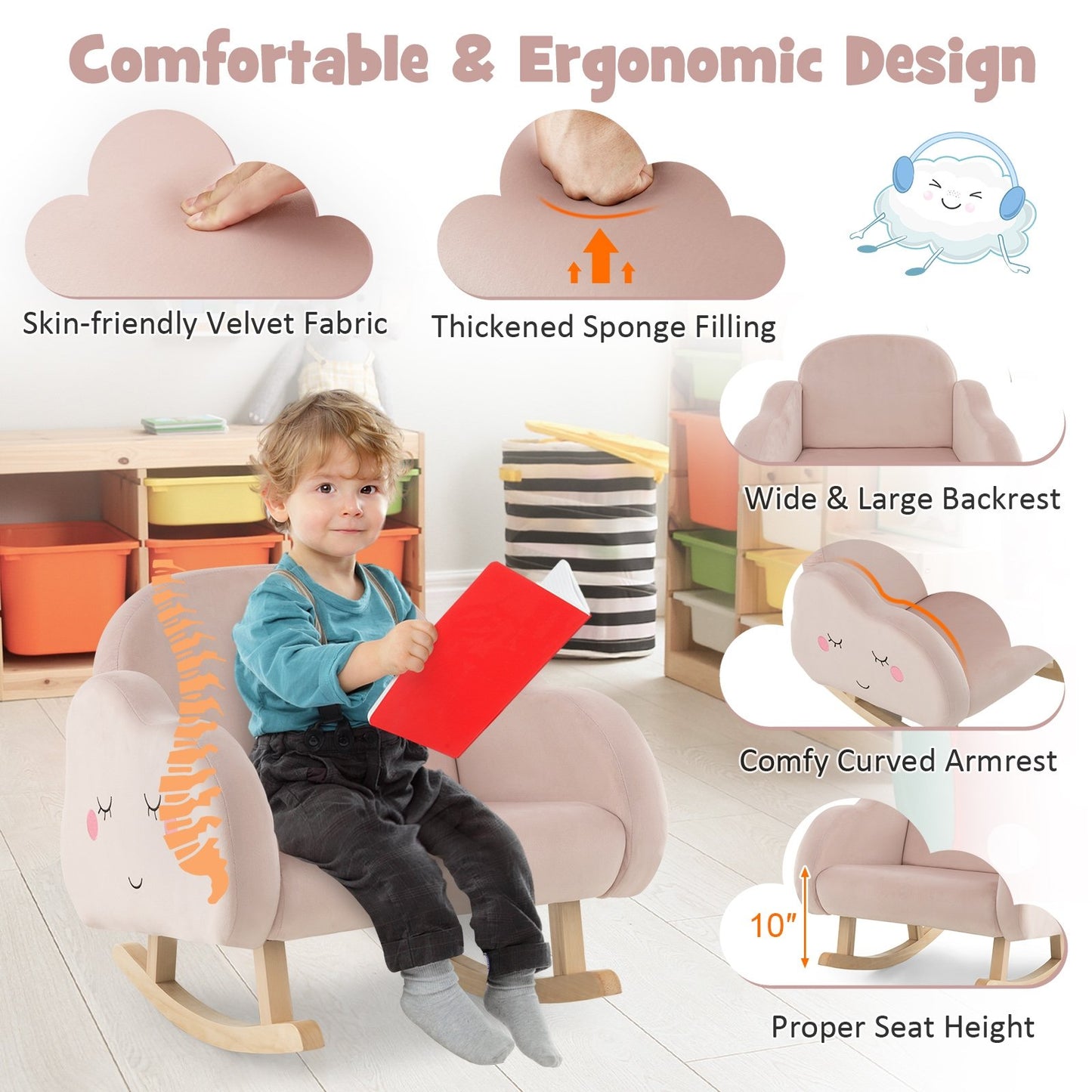 Upholstered Toddler Rocker with Solid Wood Legs and Non-slip Foot Pads, Pink