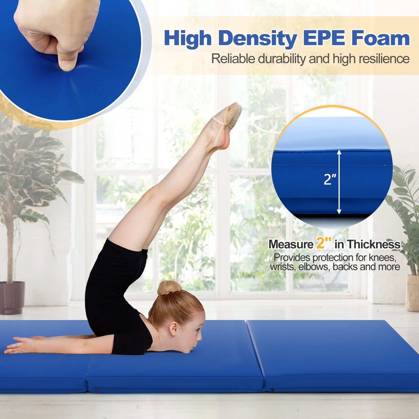 6 x 2 FT Tri-Fold Gym Mat with Handles and Removable Zippered Cover, Dark Blue Yoga & Gym Mats at Gallery Canada