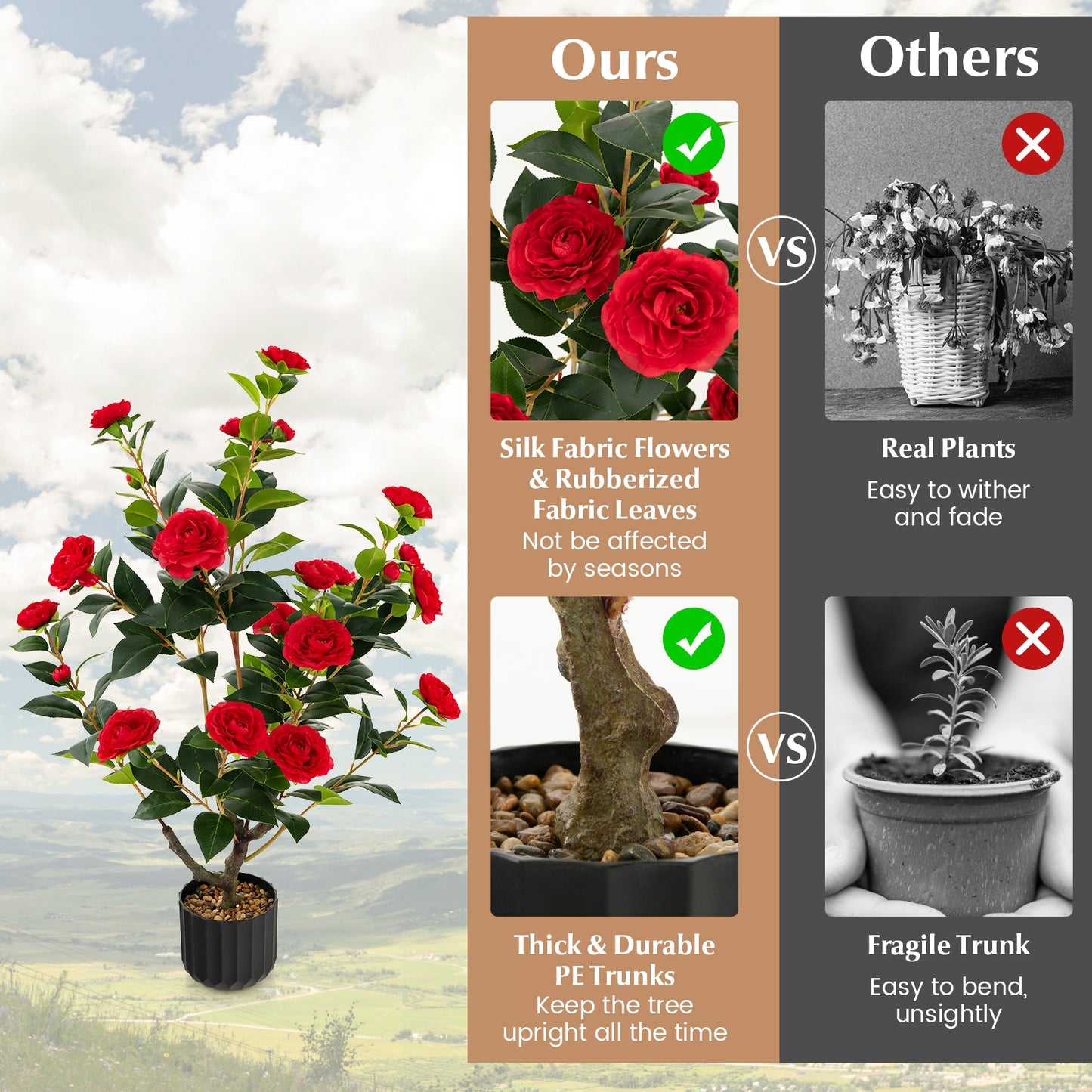38 Inch Artificial Camellia Tree Faux Flower Plant in Cement Pot, Red Faux Plants at Gallery Canada