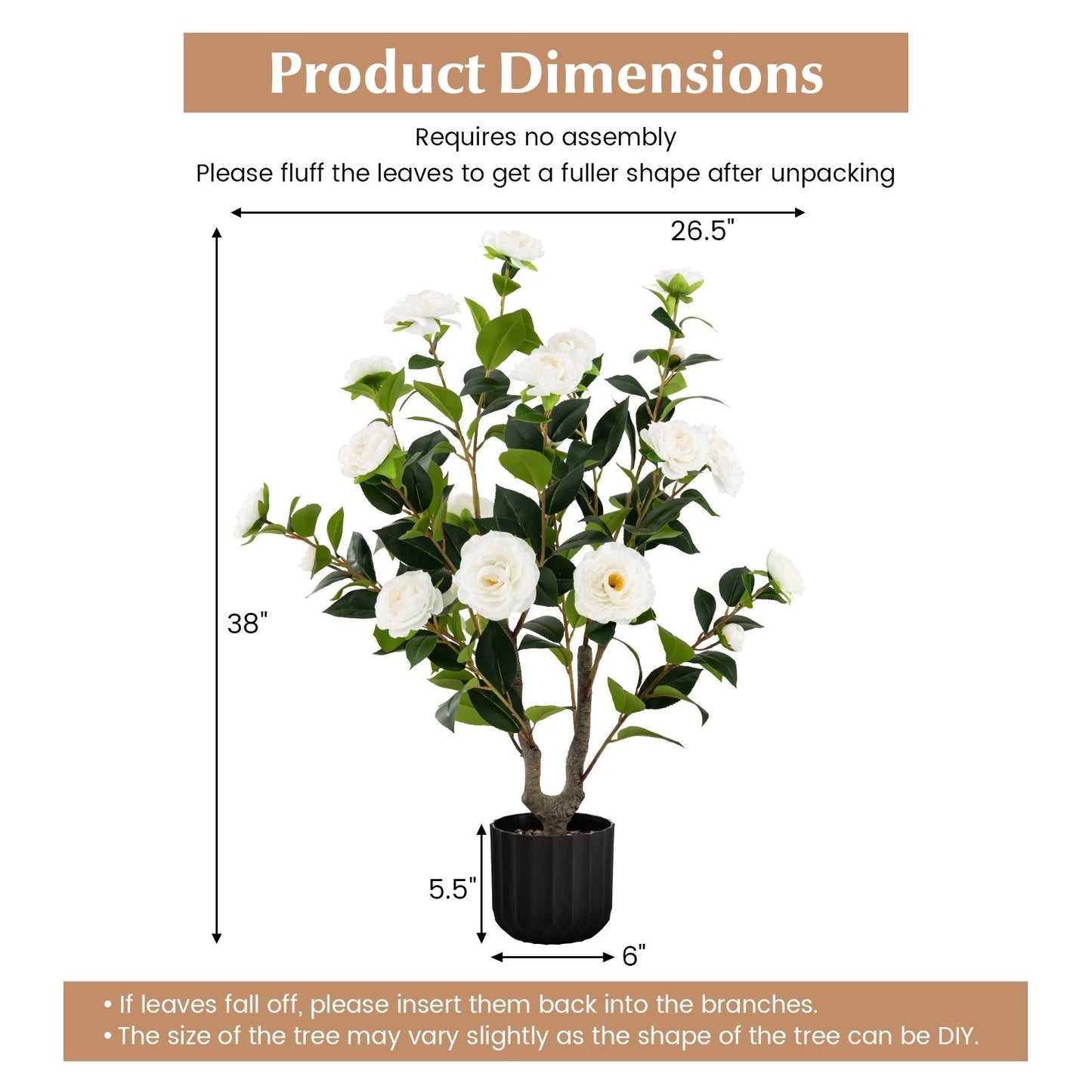 38 Inch Artificial Camellia Tree Faux Flower Plant in Cement Pot, White