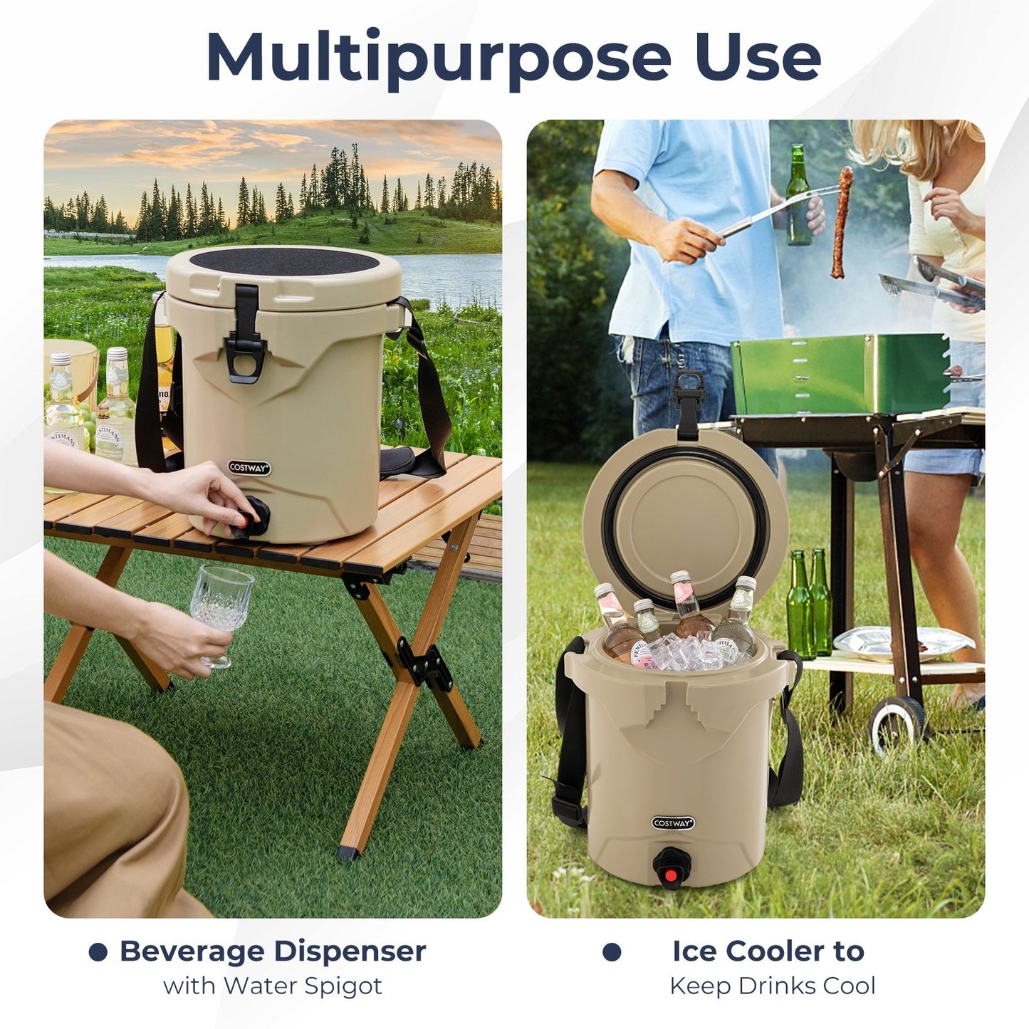 10 QT Drink Cooler Insulated Ice Chest with Spigot Flat Seat Lid and Adjustable Strap, Beige