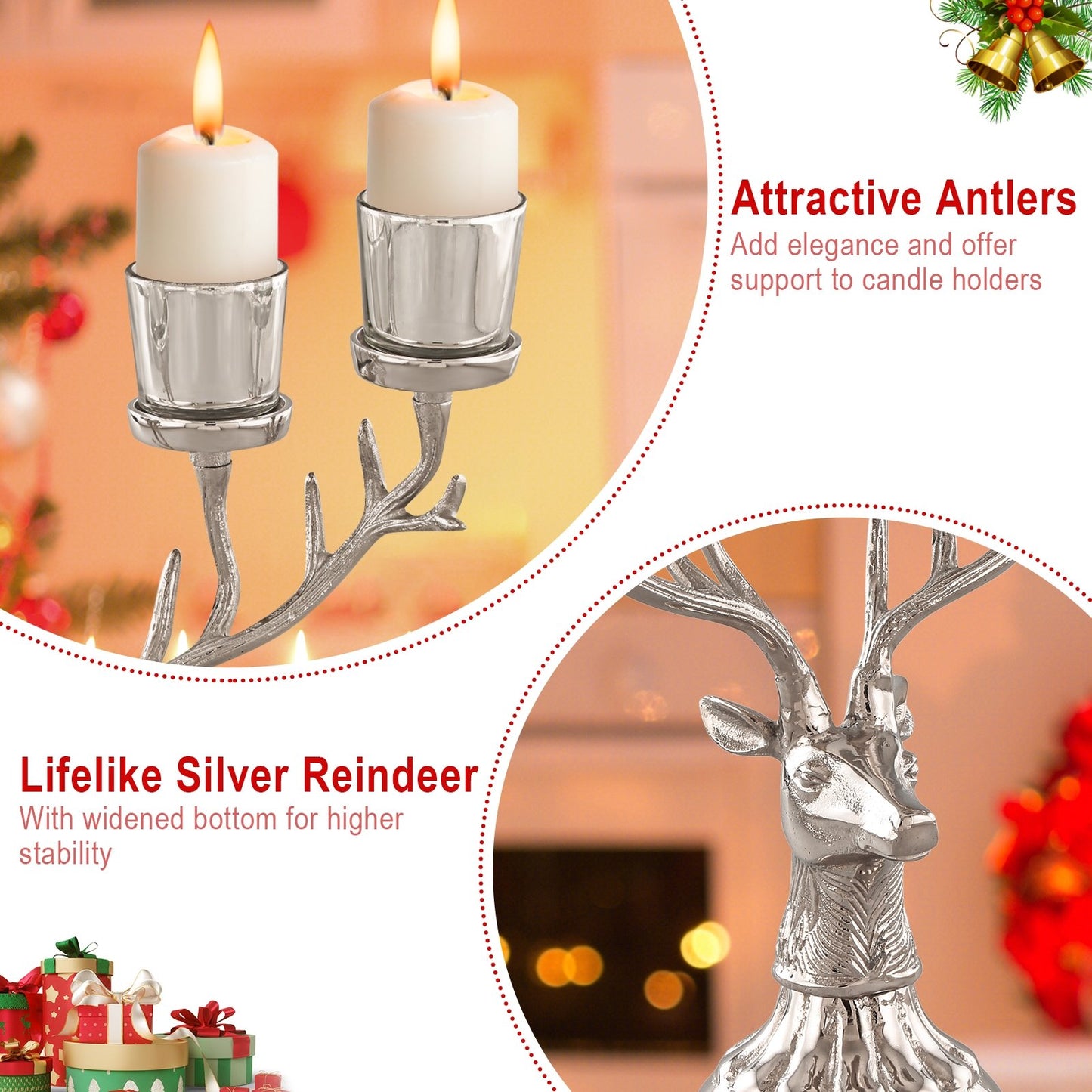 Reindeer Candle Holder Christmas Ornament for 4 Candles Aluminum Decoration, Silver