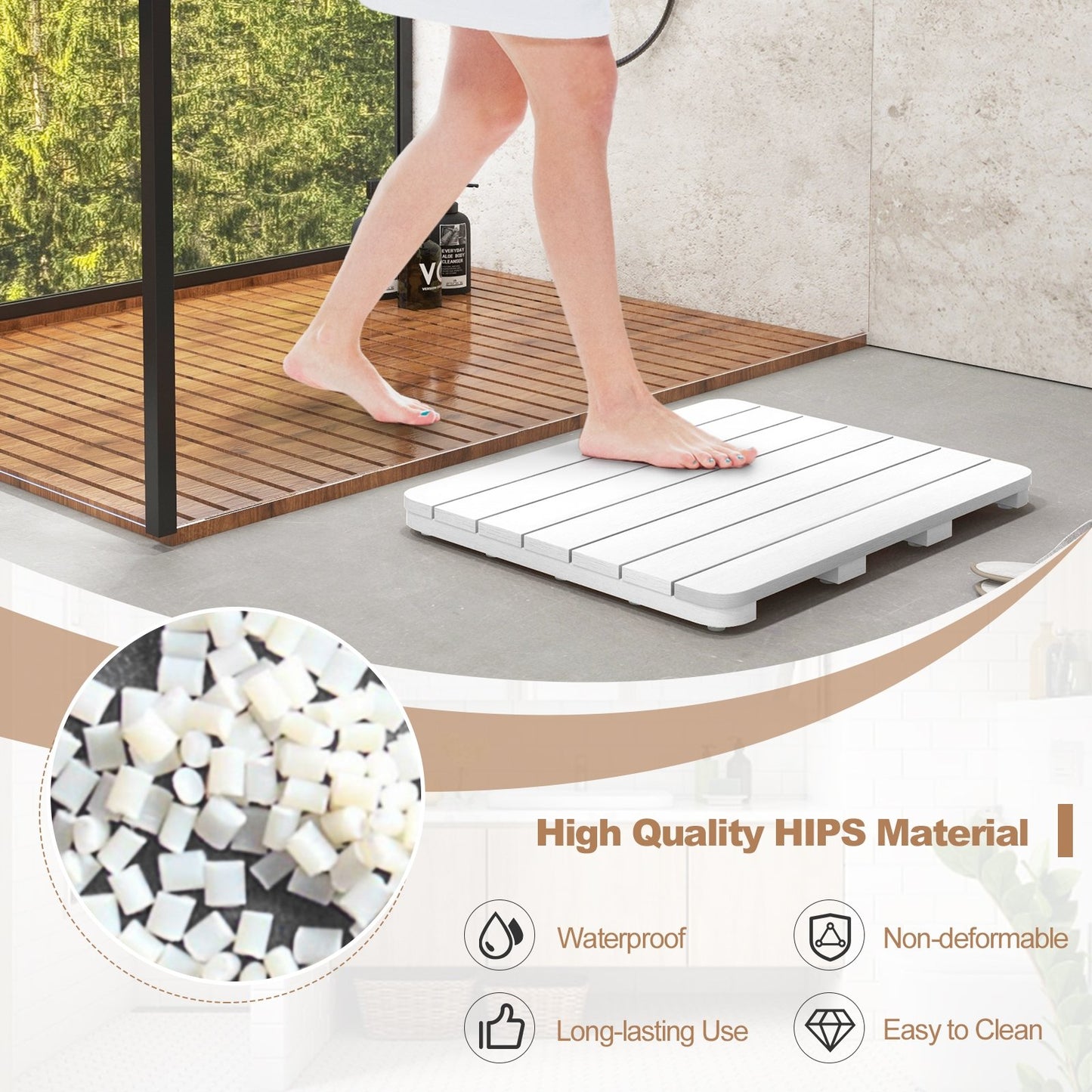 Waterproof HIPS Bath Spa Shower Mat with Non Slip Foot Pads, White