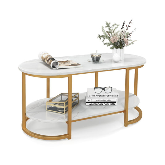 Marble Coffee Table with Open Storage Shelf-White , White at Gallery Canada