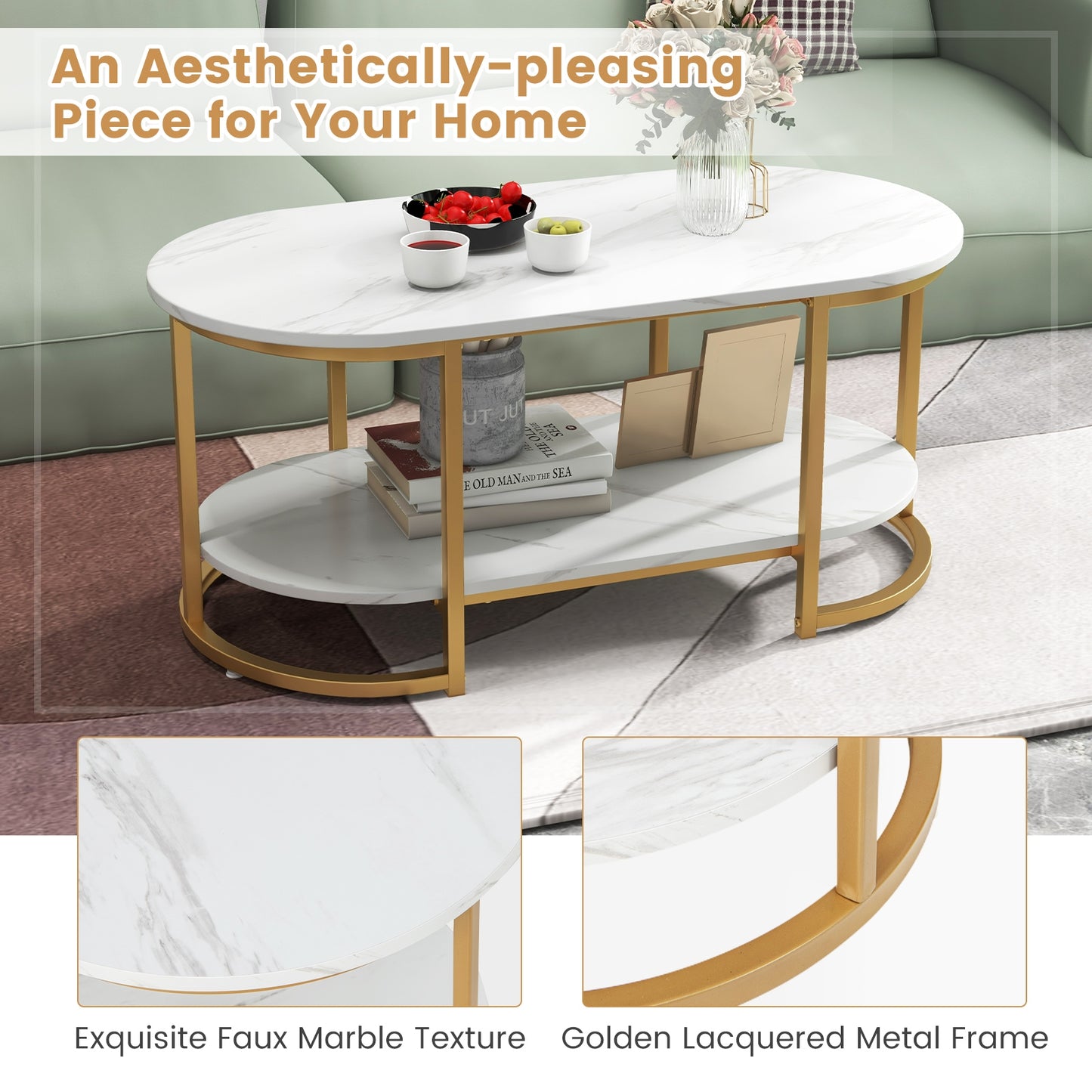 Marble Coffee Table with Open Storage Shelf-White , White Coffee Tables at Gallery Canada