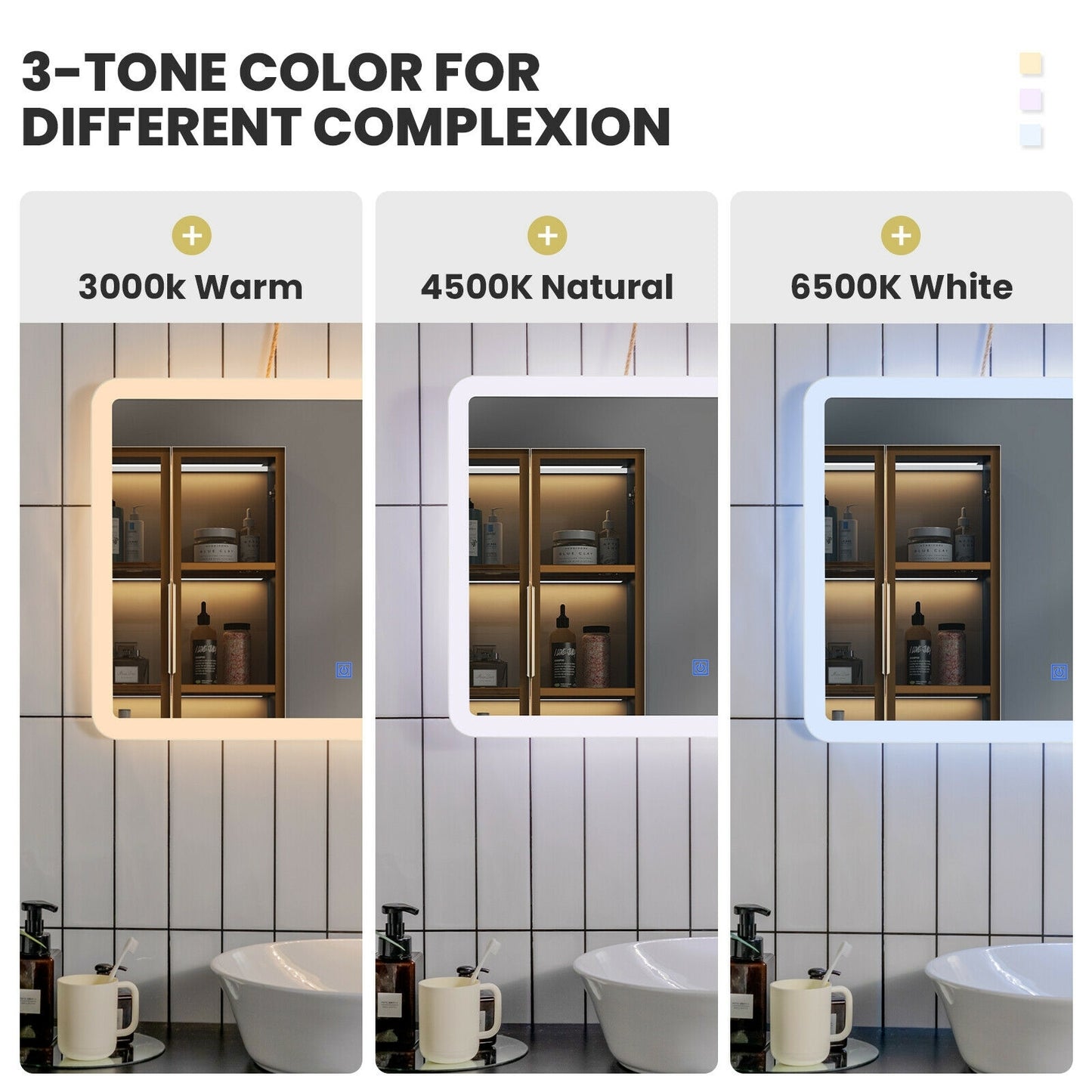 LED Wall-mounted Bathroom Rounded Arc Corner Mirror with Touch, White Wall Mirrors at Gallery Canada