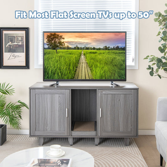 2-Door Cat Litter Box Enclosure, Winding Entry, Scratching Board, Oak