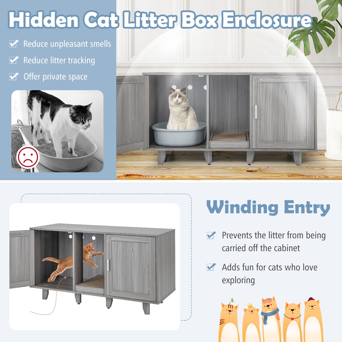 2-Door Cat Litter Box Enclosure with Winding Entry and Scratching Board, Oak Cat Houses at Gallery Canada