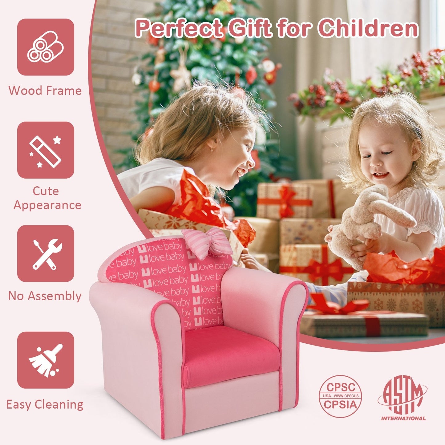Original Kids Sofa with Armrest and Thick Cushion, Pink